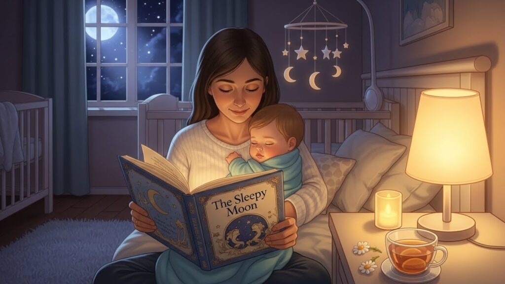 달이 환하게 비치는 밤, 아늑한 아기 방의 창가 근처에 앉아 있는 젊은 엄마가 잠든 아기를 품에 안고 있습니다. 엄마는 온화한 표정으로 'The Sleepy Moon'이라고 적힌 파란색 그림책을 읽어주고 있습니다. 아기는 파란색 담요에 싸여 엄마 가슴에 기대어 평화롭게 자고 있습니다. 옆 협탁에는 은은하게 빛나는 스탠드 조명과 작은 촛불, 찻잔이 놓여 있고, 침대 위에는 달과 별 모양 모빌이 걸려 있습니다. 전반적으로 따뜻하고 평온하며 포근한 분위기입니다.