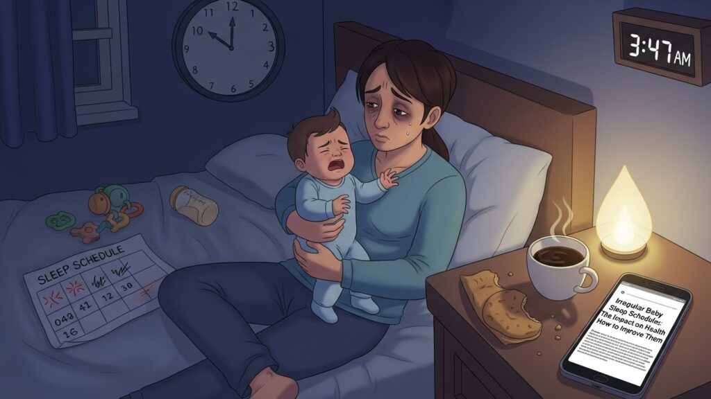 밤 3시 47분에 침대에 앉아 울고 있는 아기를 안고 있는 지친 엄마의 일러스트. 엄마는 눈 밑이 검고 슬픈 표정이며, 옆에는 커피, 먹다 남은 간식, 그리고 'Irregular Baby Sleep Schedule...'이라는 제목의 기사가 뜬 휴대폰이 놓여 있다. 침대 위에는 아기 수면 스케줄 표도 보인다.