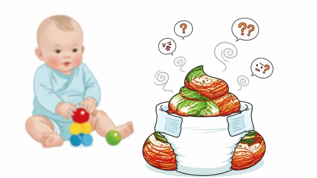 장난감을 가지고 노는 아기 그림과, 똥 모양으로 쌓인 배추김치가 담겨 있고 물음표와 연기가 피어오르는 기저귀 일러스트가 함께 있는 코믹한 이미지. (아기의 소화 문제나 기저귀 내용물을 유머러스하게 표현)