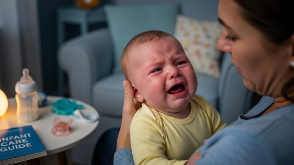 밤에 심하게 울어 엄마에게 안겨 달래지는 아기의 모습. 초보 엄마의 육아 고충을 보여주는 장면.