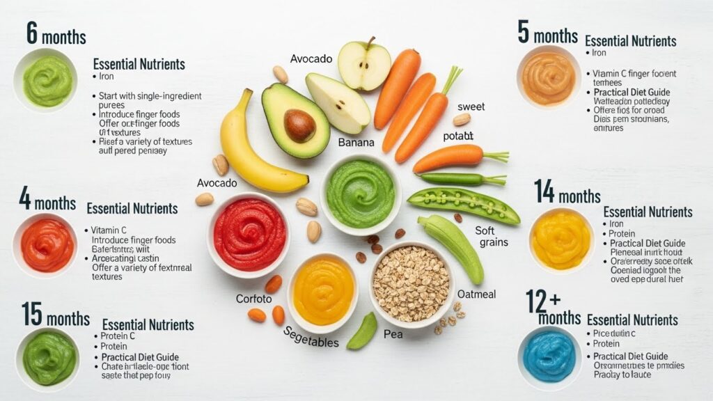 영유아의 발달, 수면 안전 및 수면 교육을 다루는 다섯 장의 이미지 모음입니다.
수면 교육: 한 여성이 침실 문을 살짝 열고 침대에 잠든 아기를 조용히 들여다보는 사진입니다. 문 옆 벽에는 수면 교육 지침으로 "4 CHECK-IN DON'T INTERACT"라는 문구가 흰색으로 표시되어 있습니다.
수면 안전 경고: 흰색 아기 침대에서 파란색 줄무늬 옷을 입은 아기가 잠들어 있는 사진 위에 두 가지 안전 경고 그래픽이 겹쳐 있습니다. 하나는 높은 온도를 가리키는 온도계이고, 다른 하나는 질식 위험을 상징하는 붉은색 푹신한 물체(담요)와 경고 표시가 담긴 말풍선입니다.
월령별 이유식 가이드 (표): 'A COMPLETE GUIDE TO ESSENTIAL NUTRIENTS AND FEEDING AMOUNTS FOR BABIES STARTING SOLID FOODS BY MONTH'라는 제목의 표로, 월령(4~12개월)에 따른 고구마, 곡물 등 음식 그림과 함께 철분, 비타민 C, 건강한 지방 등의 필수 영양소 및 1/4~1/2컵 등의 권장 급여량이 정리되어 있습니다.
월령별 이유식 영양소 구성 (그래픽): 아보카도, 당근, 바나나, 오트밀 등 다양한 과일과 채소가 중앙에 배치되어 있고, 그 주변에 월령별(4, 5, 6, 12+개월 등)로 이유식 시작 시기, 필수 영양소(철분, 비타민 C, 단백질) 및 식감에 대한 팁이 제시된 안내 그래픽입니다.
아기 포트레이트: 금발 머리와 푸른 눈을 가진 아기 두 명의 클로즈업 분할 사진입니다. 두 아기는 모두 상체를 들고 호기심 어린 표정으로 무언가를 응시하는 비슷한 자세를 취하고 있으며, 왼쪽은 줄무늬 옷, 오른쪽은 파란색 티셔츠를 입고 있습니다.