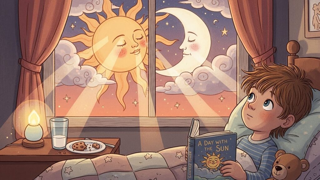 한 소년이 침대에 누워 'A DAY WITH THE SUN'이라고 쓰인 책을 들고 창밖을 올려다보고 있는 동화 같은 일러스트레이션입니다. 창밖에는 잠든 얼굴을 한 태양과 초승달이 밤하늘에 함께 떠 있습니다. 침대 옆 협탁에는 우유와 쿠키, 촛불 모양의 램프가 놓여 있습니다.