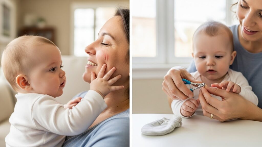 👶 아기와 엄마를 보여주는 두 장의 사진. 왼쪽 사진에서는 아기가 엄마의 뺨을 만지고 있으며, 엄마의 뺨에는 아기의 손톱으로 인한 것으로 보이는 긁힌 자국이 있습니다. 엄마는 미소를 짓고 있습니다. 오른쪽 사진에서는 엄마가 아기의 손톱을 깎아주고 있습니다. 아기는 흰색 긴팔 옷을 입고 테이블에 앉아 있으며, 테이블에는 아기의 손싸개가 놓여 있습니다.