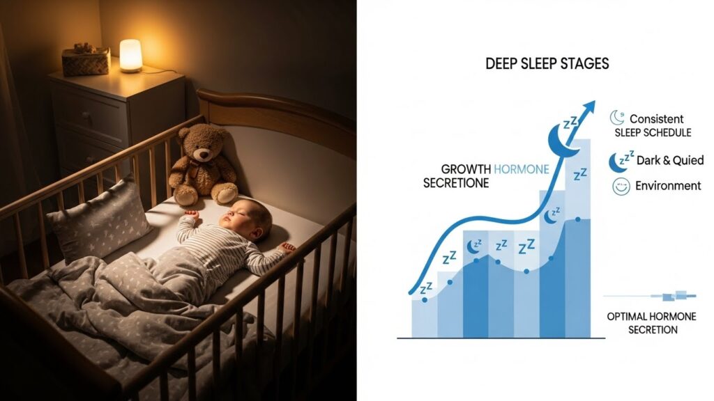 왼쪽에는 어두운 방 안 은은한 조명 아래 아기 침대에서 곰 인형과 함께 평온하게 잠든 아기의 사진이 있고, 오른쪽에는 'DEEP SLEEP STAGES'라는 제목의 그래프가 배치되어 있다. 그래프는 수면 단계가 깊어질수록 성장 호르몬 분비(GROWTH HORMONE SECRETION)가 우상향으로 급격히 증가함을 보여주며, 숙면을 위한 요소로 '일관된 수면 스케줄(Consistent SLEEP SCHEDULE)', '어둡고 조용한 환경(Dark & Quiet Environment)'이 강조되어 있다