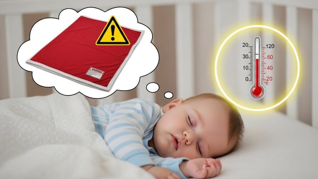 파란색 줄무늬 옷을 입은 아기가 흰색 난간이 있는 아기 침대에서 흰색 시트와 담요 위에서 평화롭게 잠들어 있습니다. 이미지에는 두 가지 주요 안전 경고 그래픽이 오버레이되어 있습니다.
오른쪽 상단: 붉은색 액체로 가득 찬 관이 높은 온도(화씨 100~110도)를 가리키는 디지털 스타일의 온도계 그래픽.
왼쪽: 노란색 삼각형 경고 표시가 붙은 붉은색의 푹신한 물건(아기에게 질식 위험을 줄 수 있는 베개나 담요를 상징) 위로 떠 있는 말풍선.
이 이미지는 아기의 안전한 수면 환경을 조성하고 과열 및 질식 위험 요소를 제거하는 것에 대한 중요성을 강조하고 있습니다.