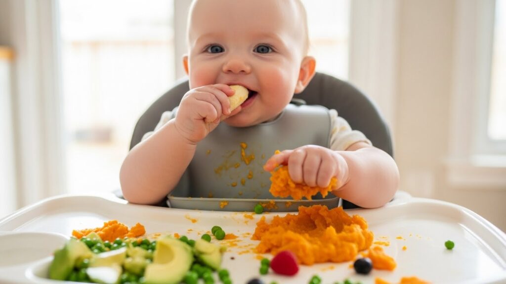밝은 창가에서 하이체어에 앉아 이유식을 먹고 있는 아기. 아기는 노란색 스틱 모양의 음식을 손에 들고 입에 넣고 있으며, 식판 위에는 으깬 주황색 채소(고구마나 호박), 아보카도 조각, 완두콩, 베리류 등이 흩어져 있다.