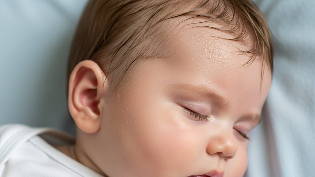 옅은 파란색 배경 위에서 눈을 감고 잠든 아기의 얼굴을 클로즈업한 사진. 아기의 이마와 머리카락 경계선 근처에 땀방울이 맺혀 있습니다. 아기는 흰색 옷을 입고 있습니다.