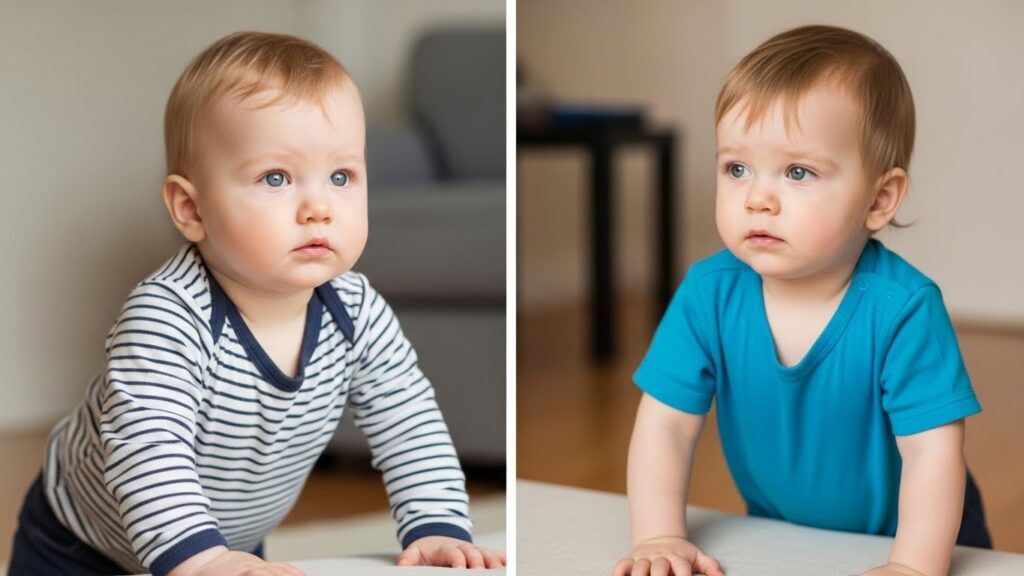 두 개의 클로즈업 사진이 나란히 배치된 분할 이미지로, 금발 머리와 푸른 눈을 가진 아기가 비슷한 포즈로 카메라를 약간 위쪽으로 응시하고 있습니다.
왼쪽 사진: 아기는 네이비와 흰색 줄무늬 바디수트를 입고 있습니다. 배경은 흐릿한 실내 공간과 회색 가구입니다.
오른쪽 사진: 같은 아기 또는 매우 비슷한 아기는 밝은 파란색 티셔츠를 입고 있습니다. 배경은 갈색 나무 바닥과 어두운 가구로 보입니다.
두 아기 모두 무언가에 기대어 엎드린 자세를 취하고 있으며, 호기심과 진지함이 섞인 표정을 짓고 있습니다.