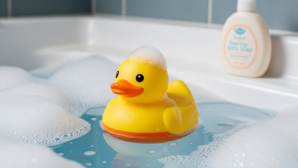 욕조의 거품 물 위에 떠 있는 노란색 고무 오리 장난감. 오리 머리 위에는 약간의 비눗방울 거품이 얹혀 있고, 배경에는 'Baby'라고 적힌 목욕 비누(Bath Soap) 병이 희미하게 보인다.