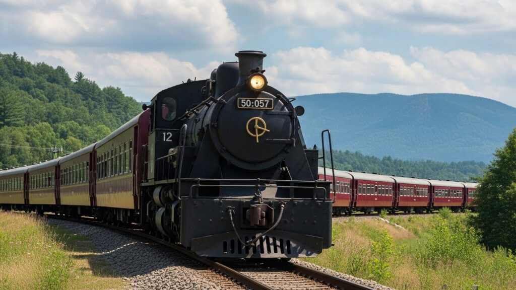 검은색 증기 기관차가 빨간색과 은색 객차를 여러 개 끌고 구불구불한 철로 위를 달리고 있다. 기관차 전면에는 '50.057'이라는 번호가 표시되어 있으며, 배경에는 푸른 하늘과 흰 구름, 그리고 나무가 우거진 언덕과 산이 보인다.