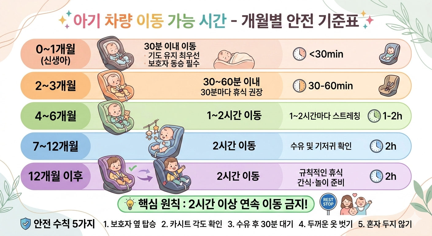 아기 차량 이동 가능 시간 - 개월별 안전 기준표
