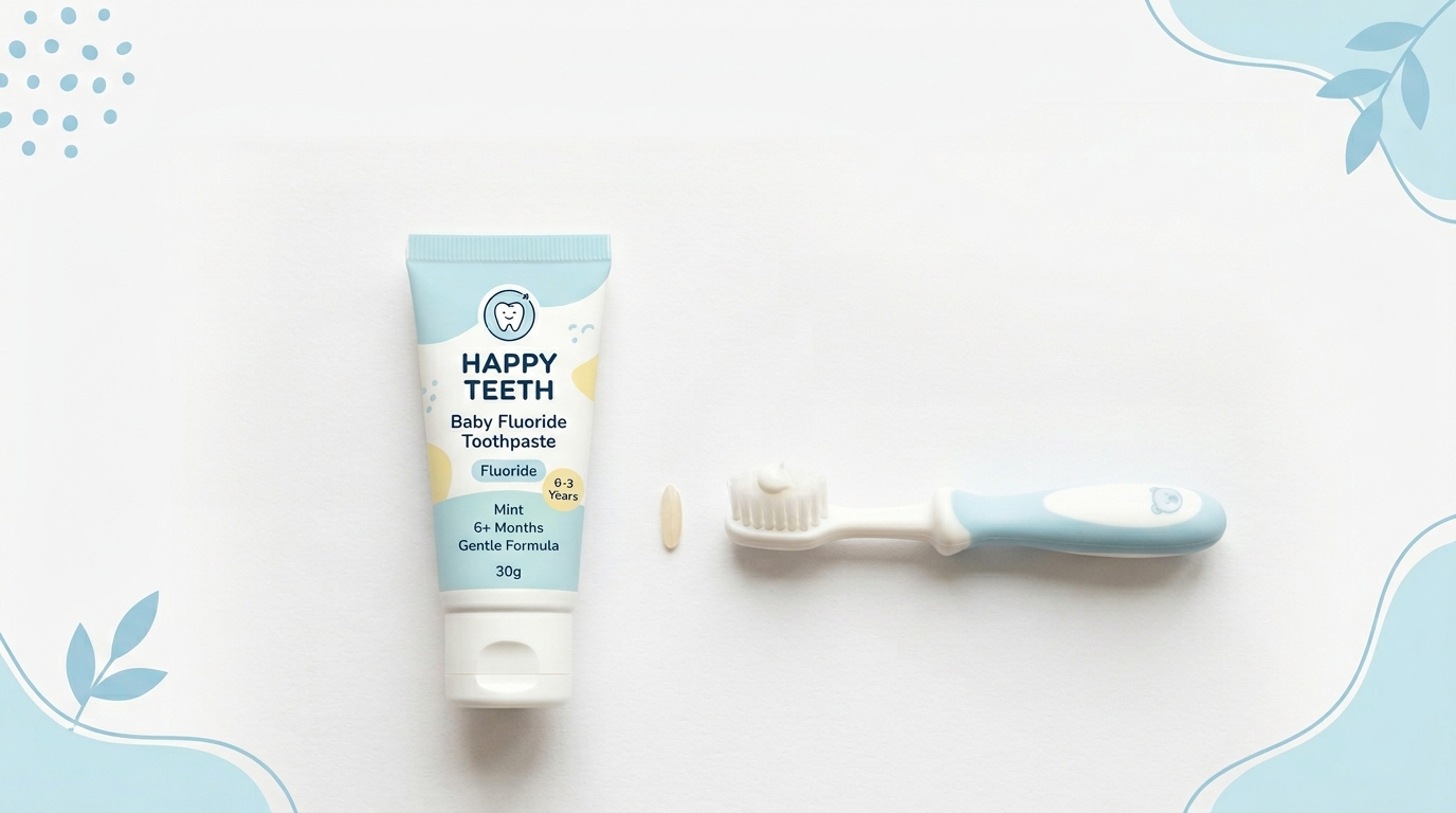 아기 불소치약 사용량 — 쌀알 크기의 치약을 칫솔에 짠 모습