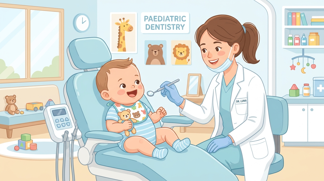 아기 치과 첫 방문 — 소아치과에서 진료받는 아기 일러스트