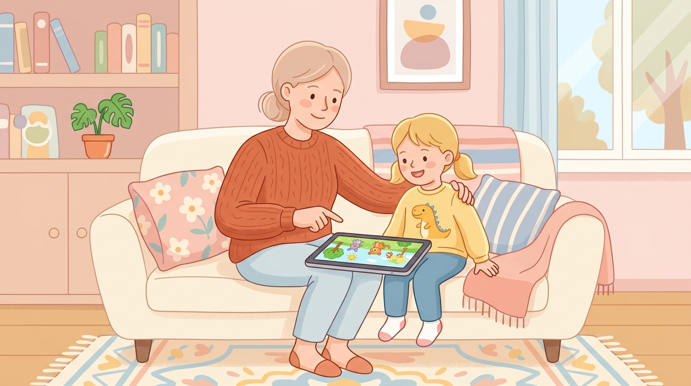 유튜브 키즈 안전 설정 후 부모와 함께 시청하는 아이