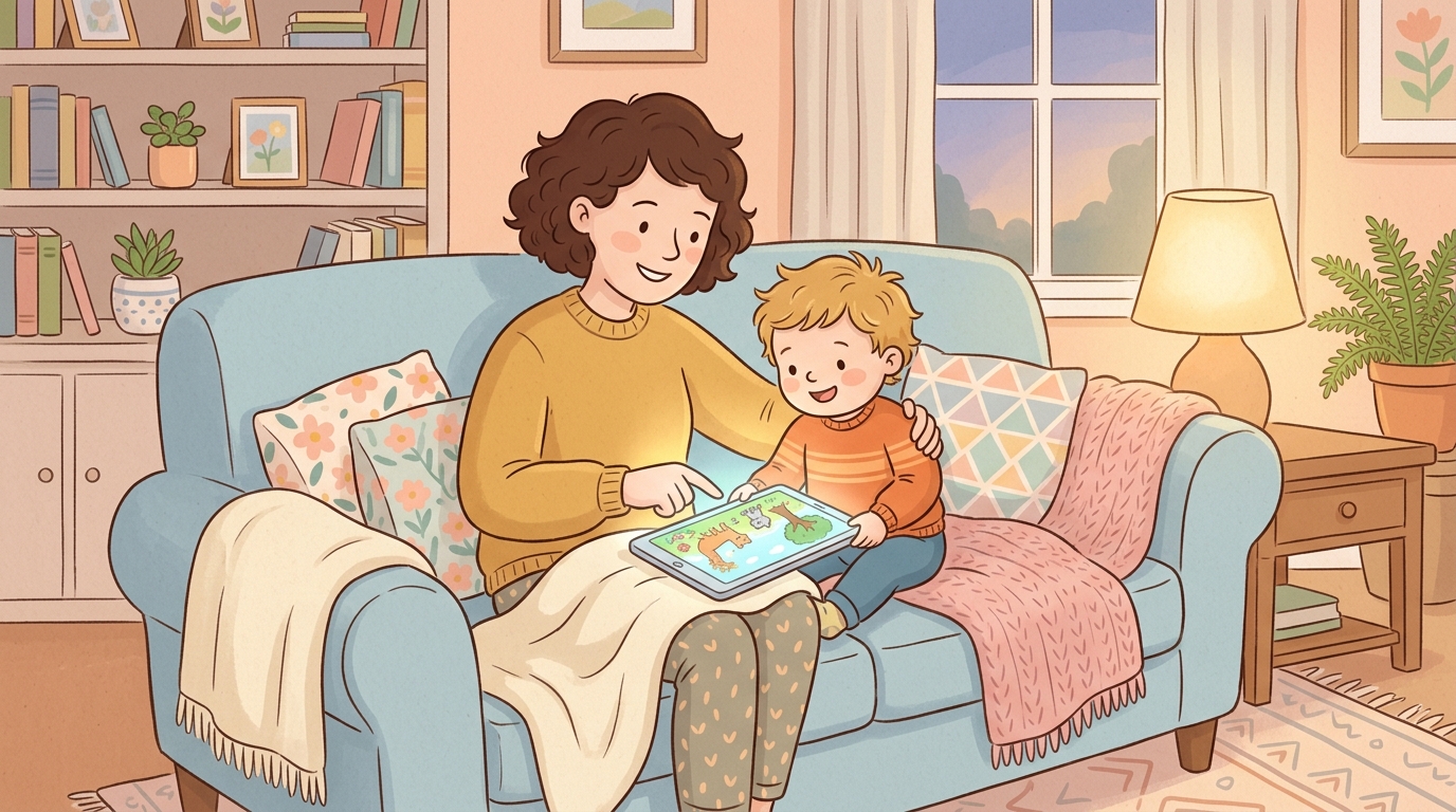 아이 영상 노출 시작 시기 — 부모와 함께 태블릿을 보는 아이