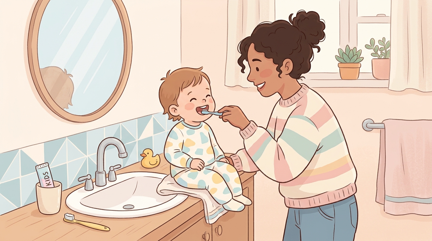 아기 칫솔질 하는 모습 — 부모가 아이 이를 닦아주는 일러스트