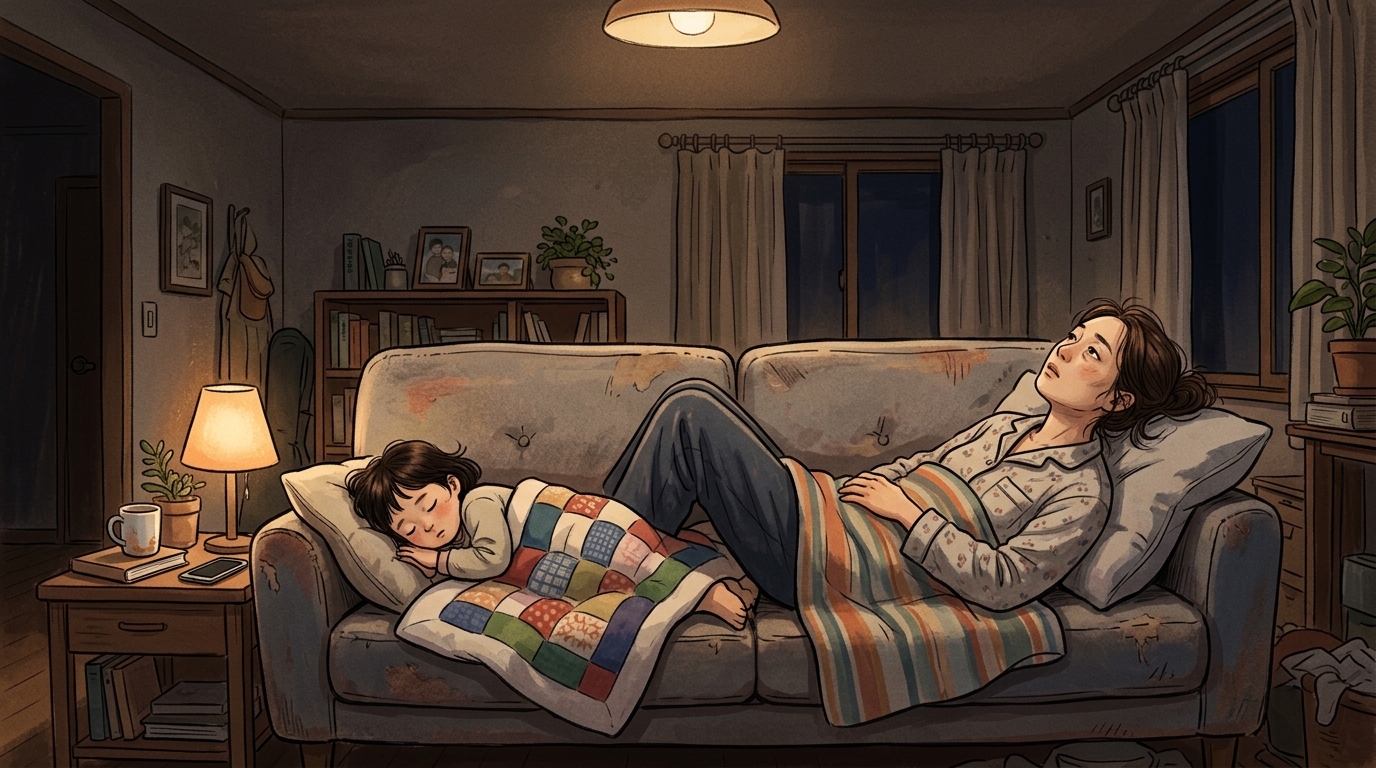 육아 번아웃 증상을 경험하는 지친 부모 일러스트