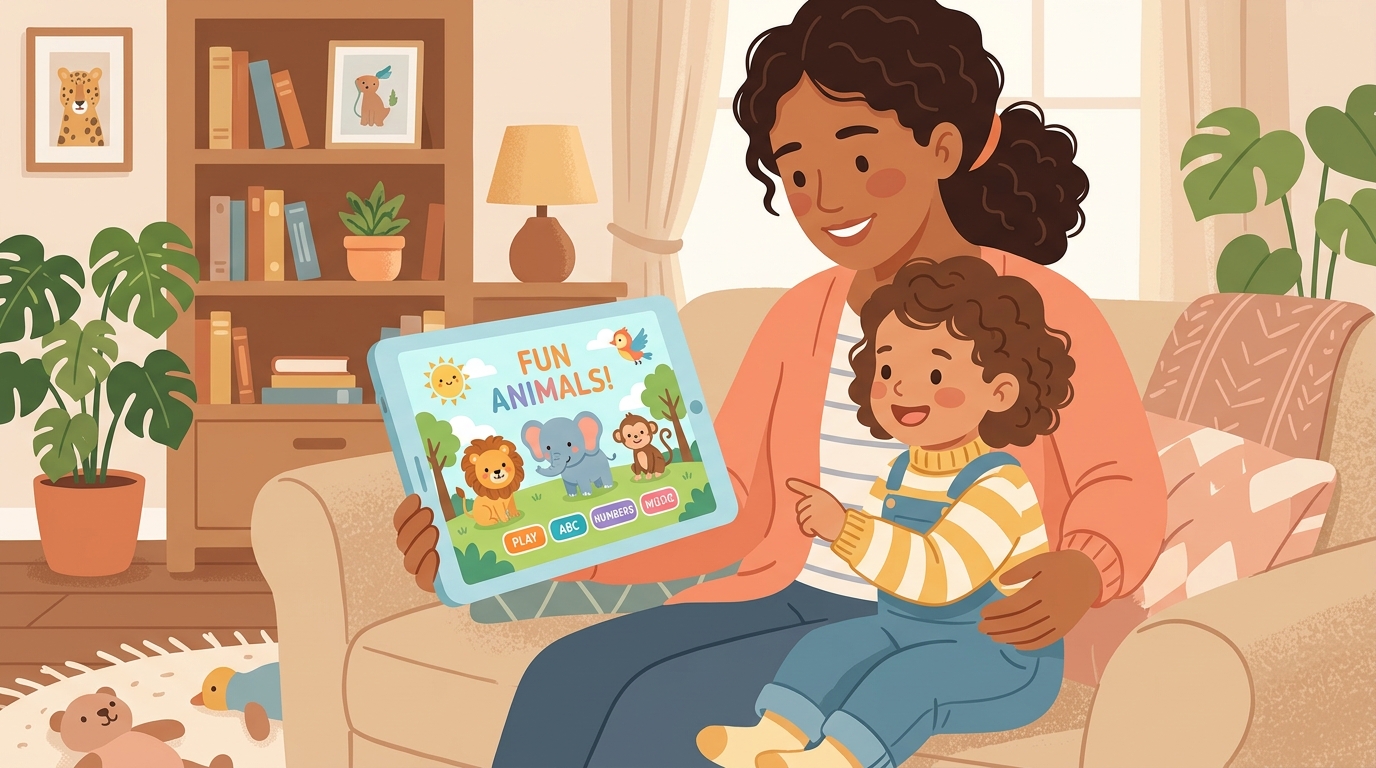 유튜브 키즈 안전 설정 — 부모와 함께 태블릿을 보는 아이