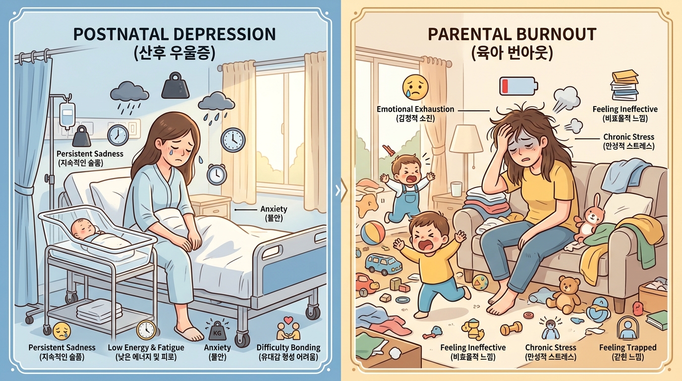 육아 번아웃 증상과 산후 우울증 비교 인포그래픽