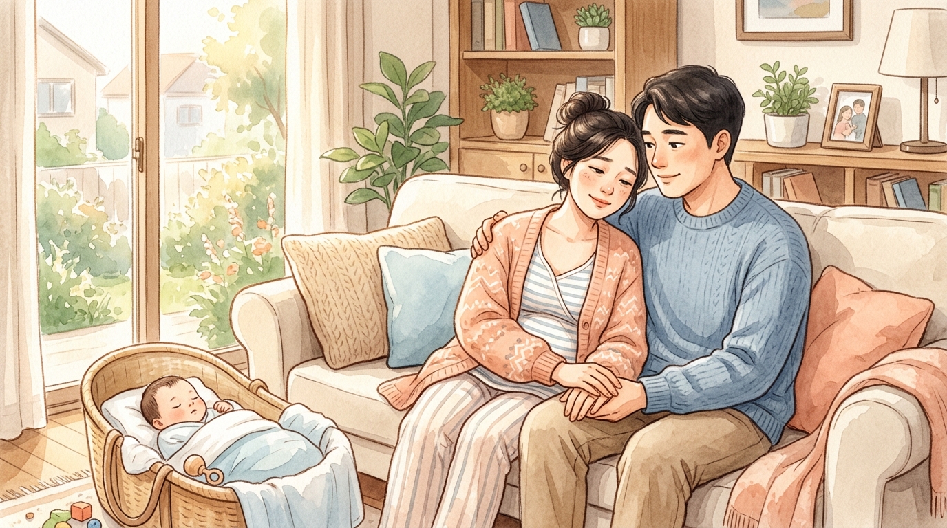 산후우울증과 산후 우울감 차이를 인식한 배우자가 산모를 정서적으로 지지하는 일러스트