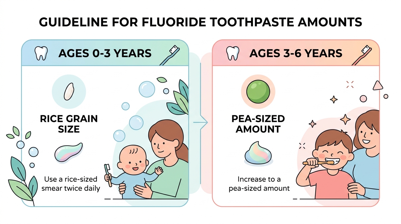 연령별 불소치약 사용량 — 쌀알 크기(0~3세)와 완두콩 크기(3~6세) 비교