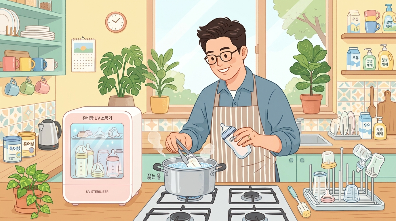 아기 젖병 소독 언제까지 진행해야 하는지 보여주는 열탕소독 장면