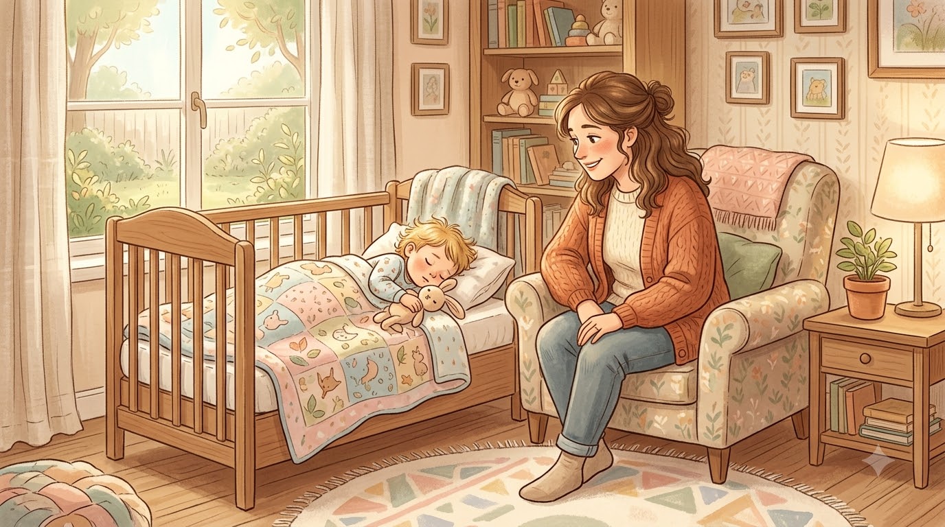 아기 낮잠 시간과 발달, 낮잠 자는 아이를 지켜보는 부모 일러스트