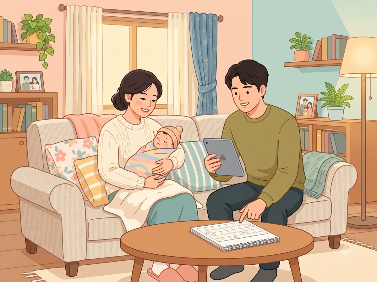 경기도 산후조리비 종료 소식을 확인하는 예비 부모 일러스트
