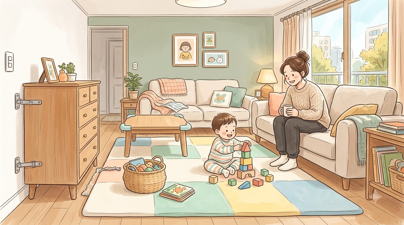 코스트코 육아용품 가구 전도 방지 브라켓과 놀이방 매트를 설치한 안전한 거실