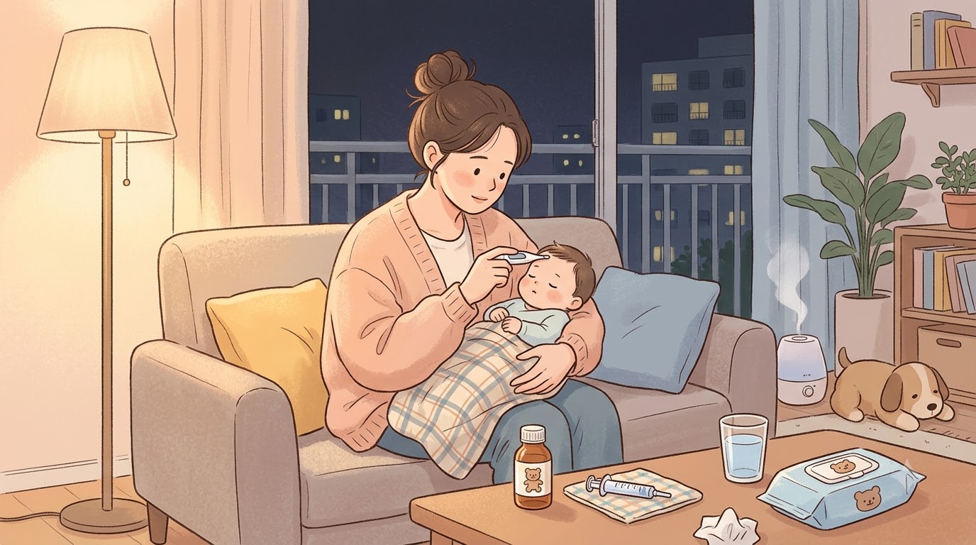 아기 해열제 종류를 확인하기 전 체온을 재는 부모