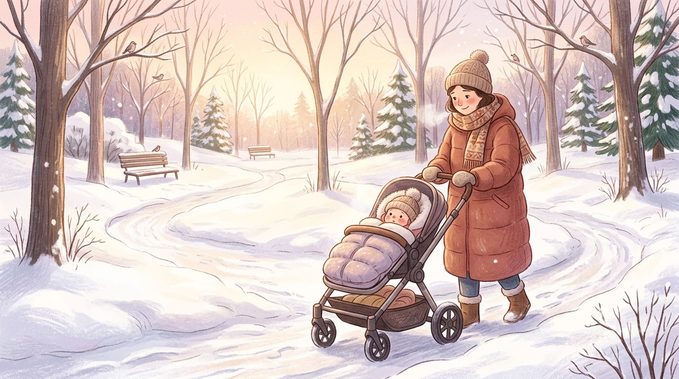 겨울철 유모차 방한 방법 - 겨울 공원에서 두툼하게 입힌 아기를 유모차에 태우고 산책하는 부모