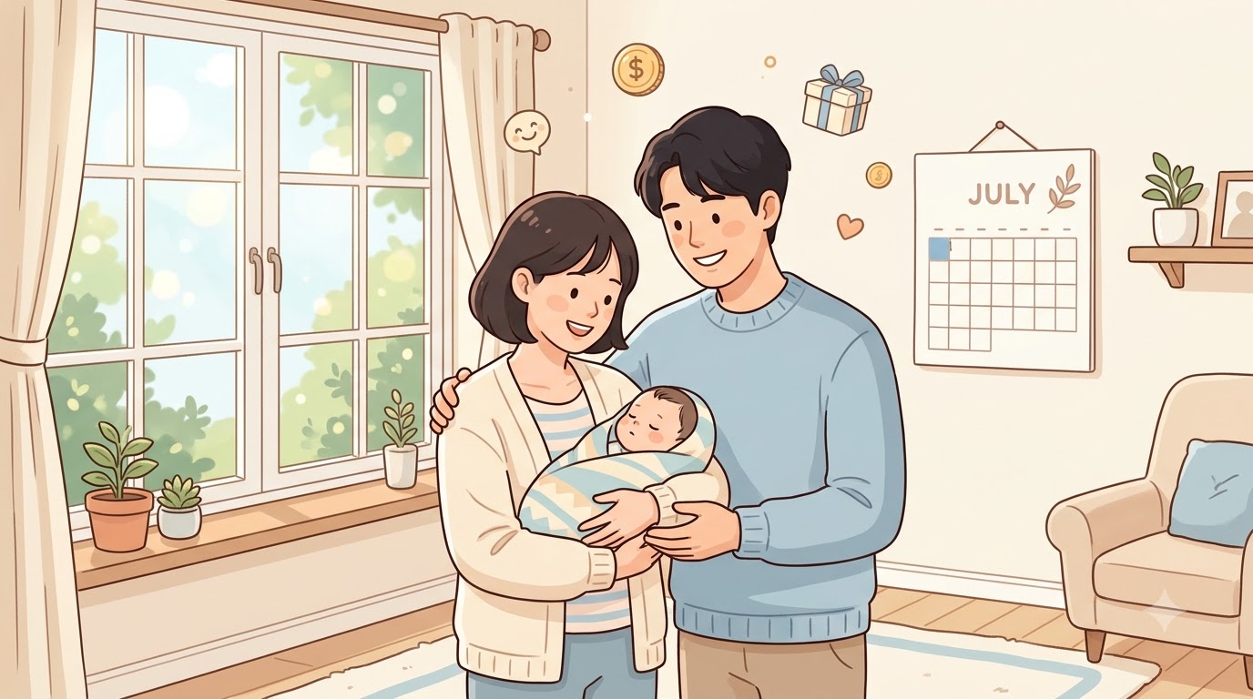아이맞이지원금 언제부터 받는지 알려주는 신생아 가족 일러스트